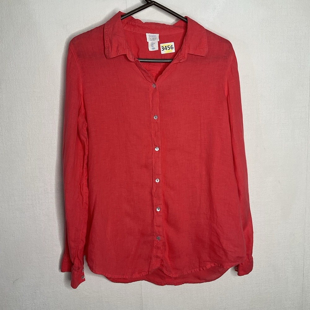 Sigrid Olsen Button Down Shirt Womens Large Pink Linen Roll Tab Sleeve Lagenlook